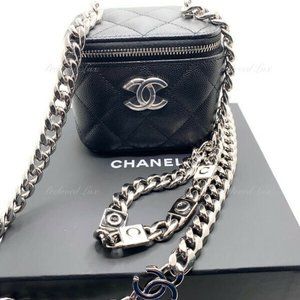 Authentic CHANEL Caviar Black Mini Vanity Case Coco Thick Chain Bag SHW